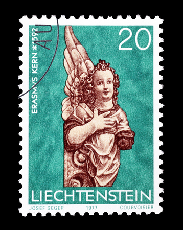 Cancelled postage stamp printed by Liechtenstein, that shows Sculpture, circa 1977.のeditorial素材