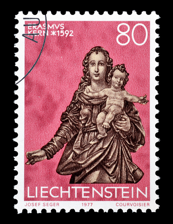 Cancelled postage stamp printed by Liechtenstein, that shows Sculpture, circa 1977.のeditorial素材