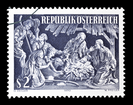 Cancelled postage stamp printed by Austria, that shows Christmas, circa 1970.のeditorial素材