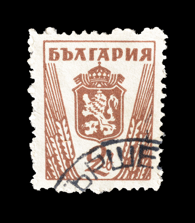 Cancelled postage stamp printed by Bulgaria, that shows Coat of arms, circa 1945.のeditorial素材