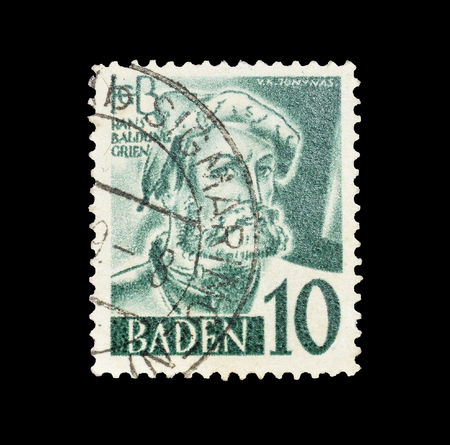 Postage stamp printed by Germany, that shows portrait of  Hans Baldung, circa 1948.のeditorial素材