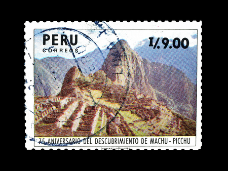 Cancelled postage stamp printed by Peru, that shows Machu Picchu, circa 1987.