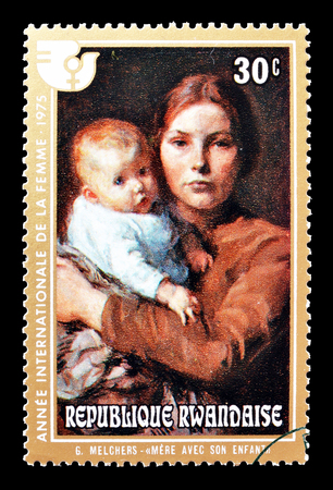 Cancelled postage stamp printed by Rwanda, that shows painting by Melchers, circa 1975.のeditorial素材