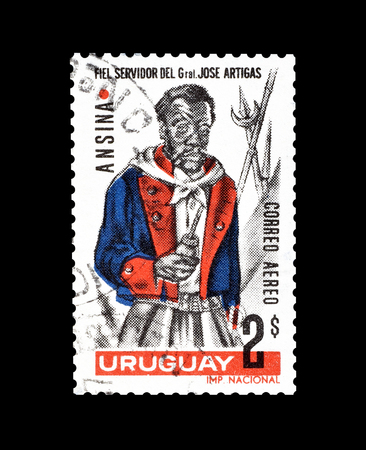 Cancelled postage stamp printed by Uruguay, that shows Servant Ansina, circa 1967.のeditorial素材