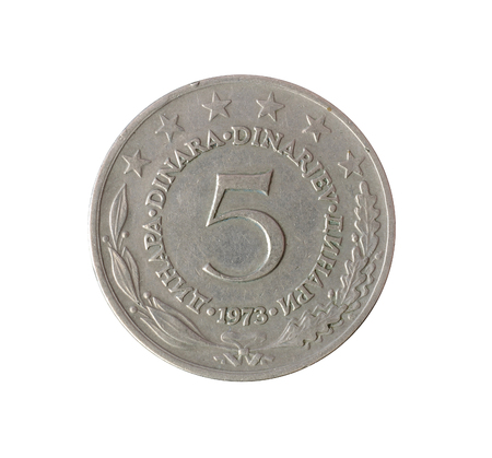 Vintage five dinar coin made by Yugoslavia 1973の写真素材
