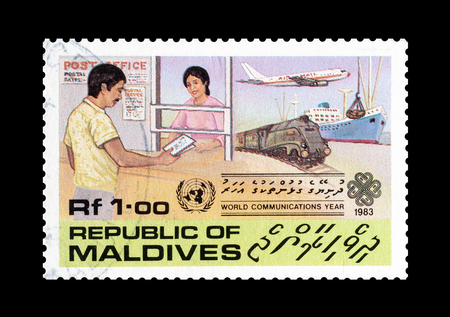 Cancelled postage stamp printed by Maldives, that shows Different types of transportation, circa 1983.のeditorial素材