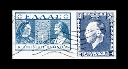 Cancelled postage stamps, printed by Greece, that show portraits of Queen Olga and Queen Mother...