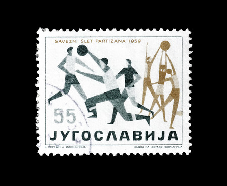 Cancelled postage stamp printed by Yugoslavia, that promotes sport, circa 1959.のeditorial素材