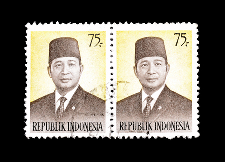 Cancelled postage stamps printed by Indonesia, that shows President Suharto 2nd President of Indonesia, circa 1974のeditorial素材