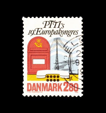 Cancelled postage stamp printed by Denmark, that promotes 19th International Postal Telegraph and...
