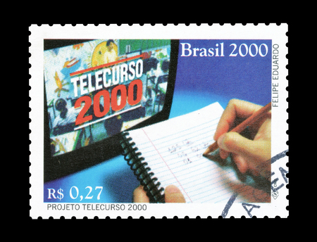 Cancelled postage stamp printed by Brazil, that promotes Telecurso - television program of distance education in Brazil, circa 2000.のeditorial素材