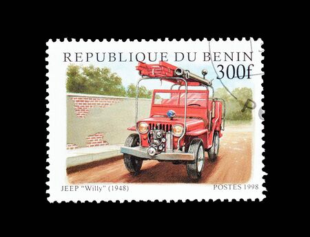 Cancelled postage stamp printed by Benin, that shows All purpose vehicle "Willy" from 1948.のeditorial素材