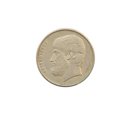 Obverse of 5 Drachma coin made by Greece, that shows The portrait of Aristotleの写真素材