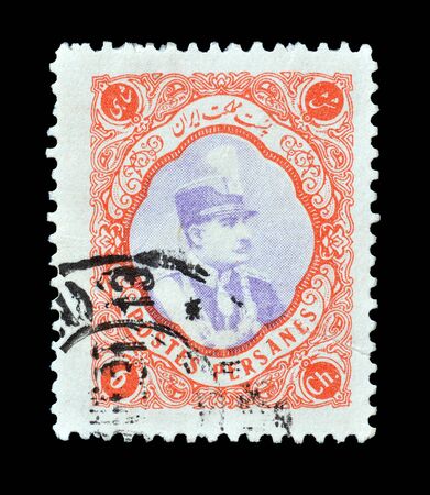 Cancelled postage stamp printed by Persia, that shows Reza Shah Pahlavi in an ornament frame, circa 1929.のeditorial素材