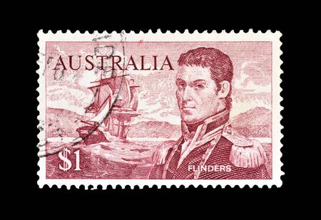 Cancelled postage stamp printed by Australia, that shows Captain Flinders and Sailing ship, circa...