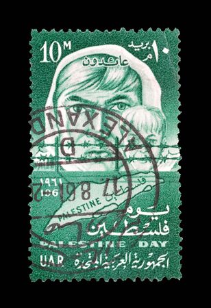 Cancelled postage stamp printed by Egypt, that promotes Palestine Day, circa 1961.のeditorial素材