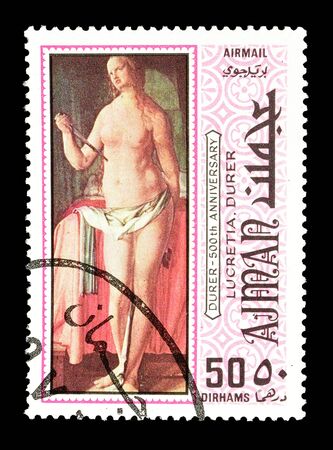Cancelled postage stamp printed by Ajman, that shows Painting by Durer with religious motives, circa 1970.のeditorial素材