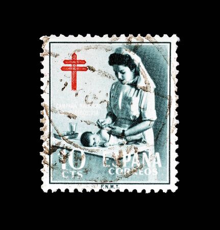 Cancelled postage tamp printed by Spain, that promotes Fight against Tuberculosis, circa 1950.のeditorial素材