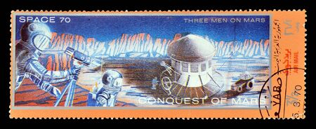 Cancelled postage stamp printed by Yemen, that shows Conquest on Mars, circa 1970.のeditorial素材