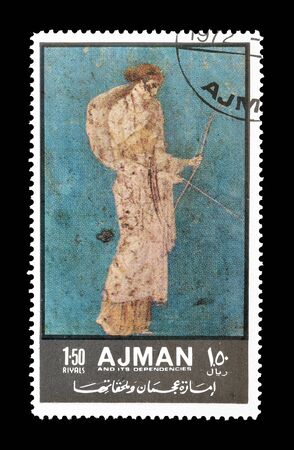Cancelled postage stamp printed by Ajman, that shows painting, circa 1972.のeditorial素材