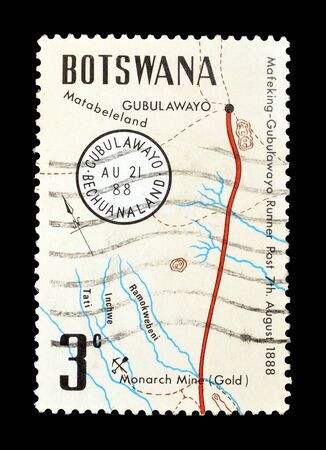 Cancelled postage stamp printed by Botswana, that shows ancient map from 1888, circa 1988.のeditorial素材