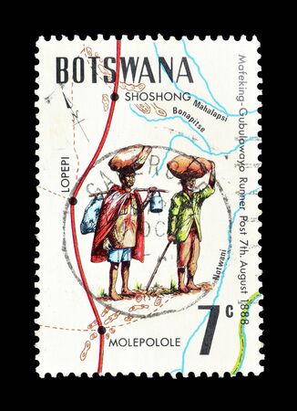Cancelled postage stamp printed by Botswana, that shows ancient map from 1888, circa 1988.のeditorial素材