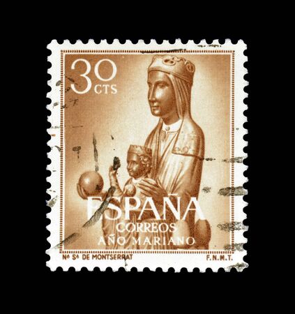 Cancelled postage stamp printed by Spain, that shows The Black Woman of Montserrat, circa 1954.のeditorial素材