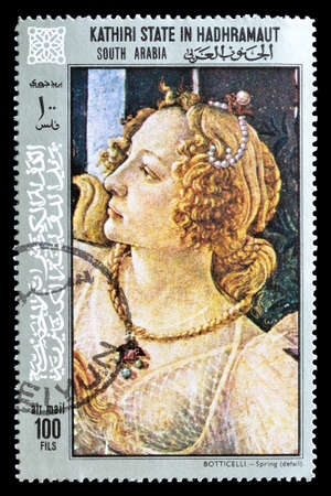 Cancelled postage stamp printed by Kathiri State in Hadhramaut, that shows painting by Botticelli, circa 1972.のeditorial素材