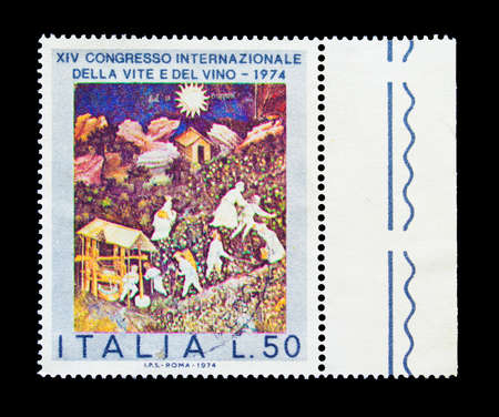 Cancelled postage stamp printed by Italy, that promotes International Wine Congress, circa 1974.
