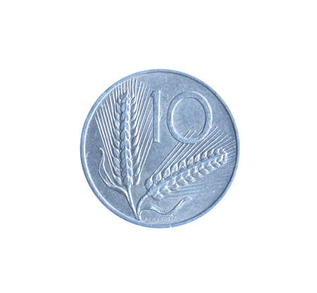 Ten Lira coin made by Italy, that shows Numeral Value within wheat earsの写真素材