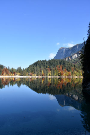 Autumn landscape with a lake in the Dolomites, Italyの写真素材