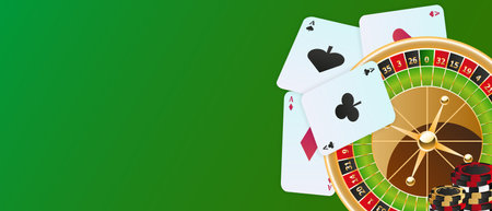 Casino banner with roulette, cards and chips. Vector illustrationのイラスト素材