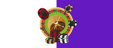 Casino banner with roulette wheel and chips. Vector illustration.のイラスト素材