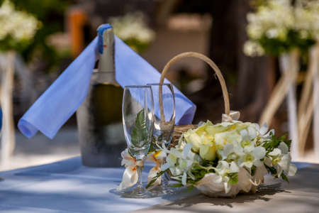 Table setting for an event party or wedding reception at the beachの写真素材