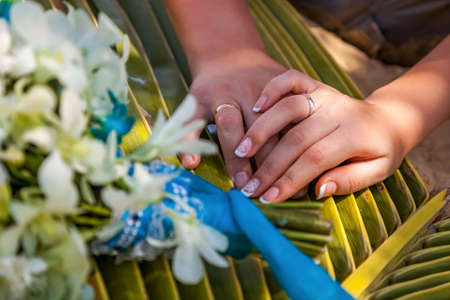 Hands of the newlyweds with rings on a palm leaf. On a tropical beach.の写真素材