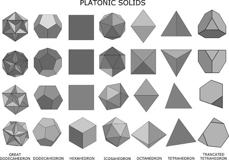 3d illustration of platonic solids isolated on whiteの写真素材