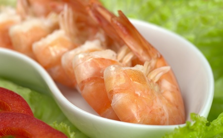 Appetizer: King prawn in bowl, on lettuce with red bell pepper (Very shallow depth of field, Focus on the front part of the front prawn)の写真素材