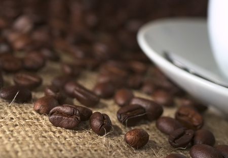 Coffee beans on fabric called Jute with a saucer and a coffee cup on the side (Very Shallow Depth of Field, Focus on the coffee bean on the left which is lit the most)の写真素材