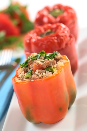 Baked stuffed red bell pepper filled with ground meat, onion, rice, tomato and green onion garnished with parsley served on a long plate (Selective Focus, Focus on the tomato piece and the stuffing around it on the top)の写真素材