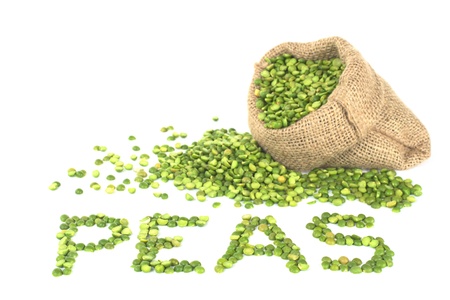 Peas spelt with split dried green peas on white with peas in jute sack on white (Selective Focus,...