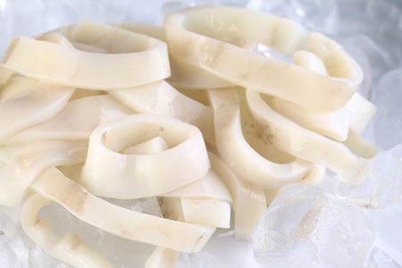 Cut raw calamari rings on iceの写真素材