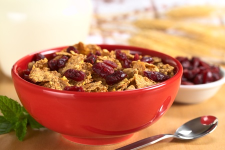 Delicious and healthy breakfast of wholewheat cereal with dried cranberries