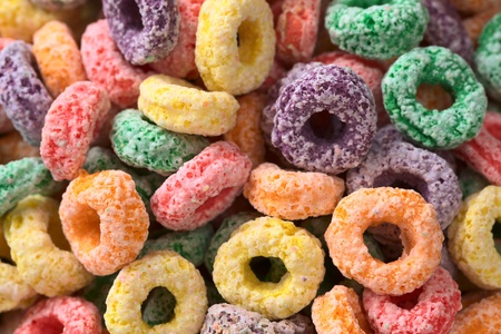Colorful cereal loops with different fruit flavour (Selective Focus, Focus on different rings)