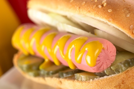 Hotdog with pickles, onion and mustard (Selective Focus, Focus on the front end of the sausage)の写真素材