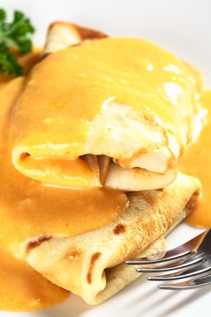 Hungarian-style crepe called Hortobagyi Husos Palacsinta (Crepe a la Hortobagy) filled with meat and served with sauce (Selective Focus, Focus on the front of the upper crepe)  の写真素材