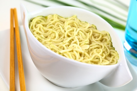 Vegetarian Asian noodle soup (Selective Focus, Focus in the middle of the soup)