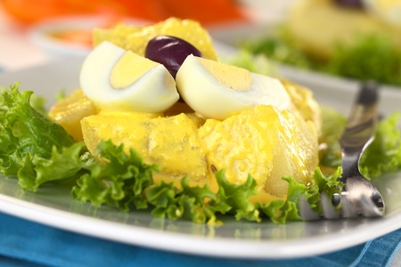 Peruvian appetizer called Papa a la Huancaina made of cooked potatoes, Huancaina sauce, boiled eggs and olives (Selective Focus, Focus on the front of the potatoes and the eggs)の写真素材