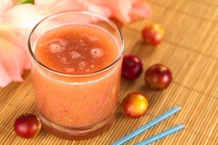 Juice out of Camu camu berry fruits (lat. Myrciaria dubia) which are grown in the Amazon region and have a very high Vitamin C content (Selective Focus, Focus on the front rim of the glass)の写真素材