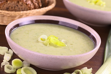 Fresh homemade leek soup  Selective Focus, Focus on the leek rings on the top of the soup の写真素材