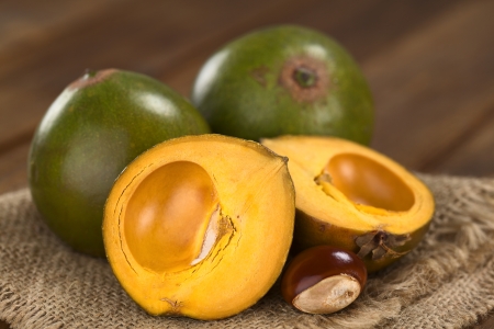 Peruvian fruit called Lucuma (lat. Pouteria lucuma) which has a dry, sweet flesh, and is mostly used to prepare juices, milkshakes, yogurts, ice cream and other desserts (Selective Focus, Focus on the standing lucuma half) の写真素材